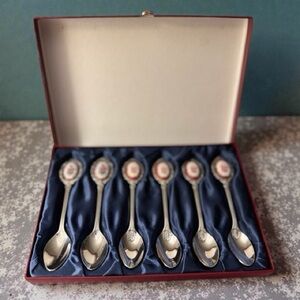 Set of six vintage silver plated spoons porcelain inserts rose pattern design
